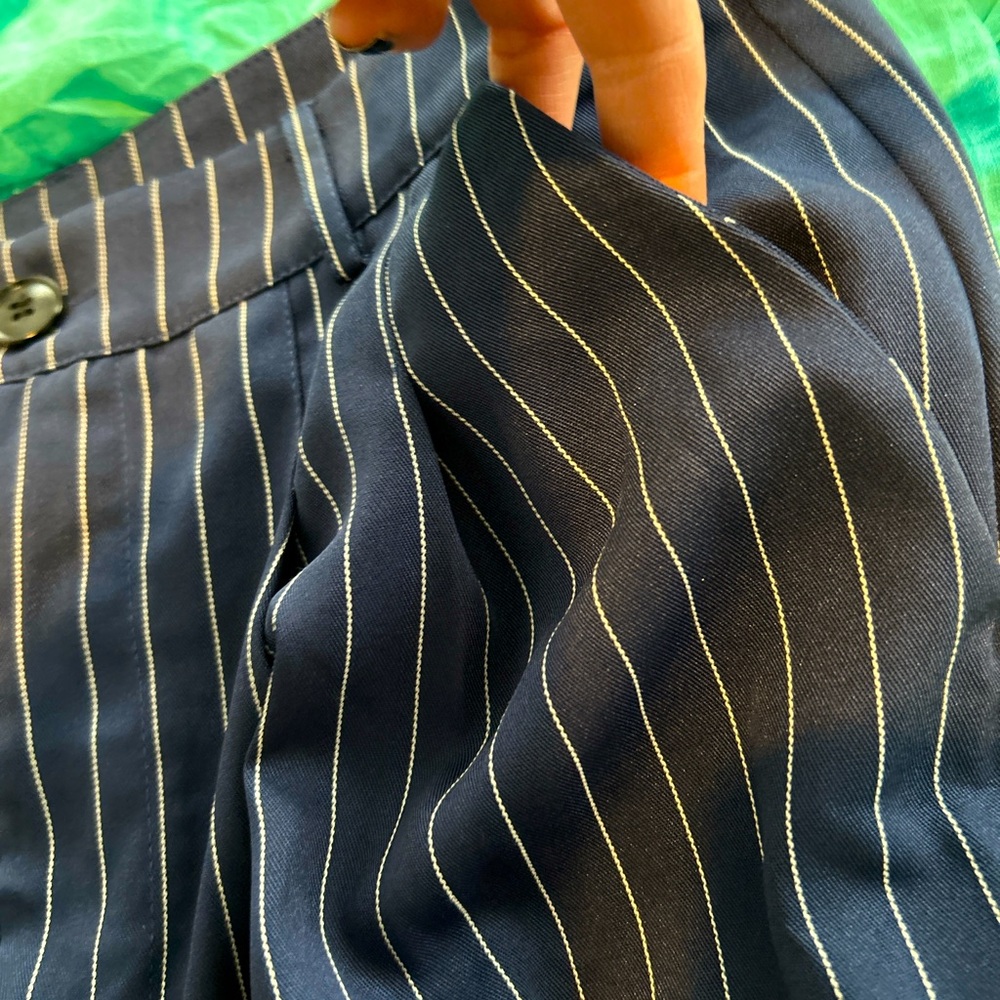 Navy blue and white pinstripe women’s trousers wide leg